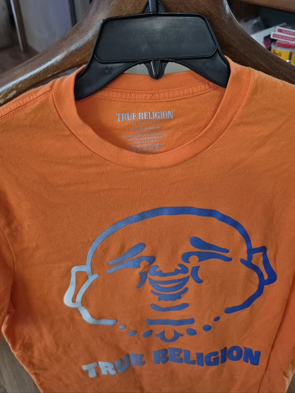 True Religion Orange Graphic Tee with Blue Logo